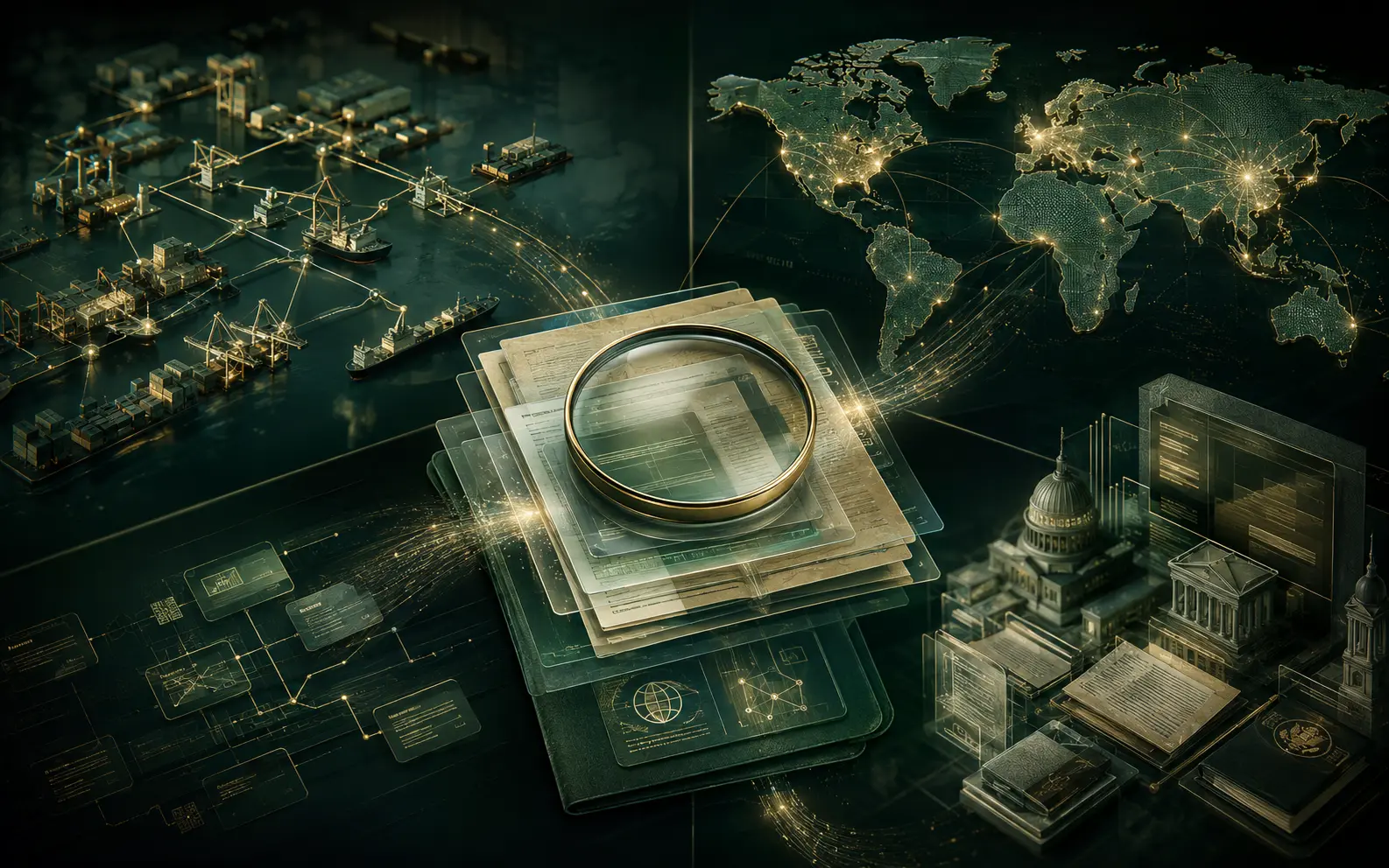 Three investigative lenses converging on a company research dossier