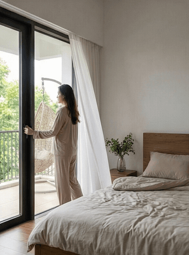 Eine Frau steht im Schlafzimmer einer Neubauwohnung in Remshalden an der offenen Tür zum Balkon. Sie blickt hinaus in die Weinberge und genießt die frische Morgenluft.