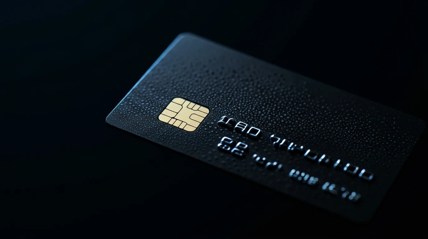 Black credit card with gold details on a black marble stand.