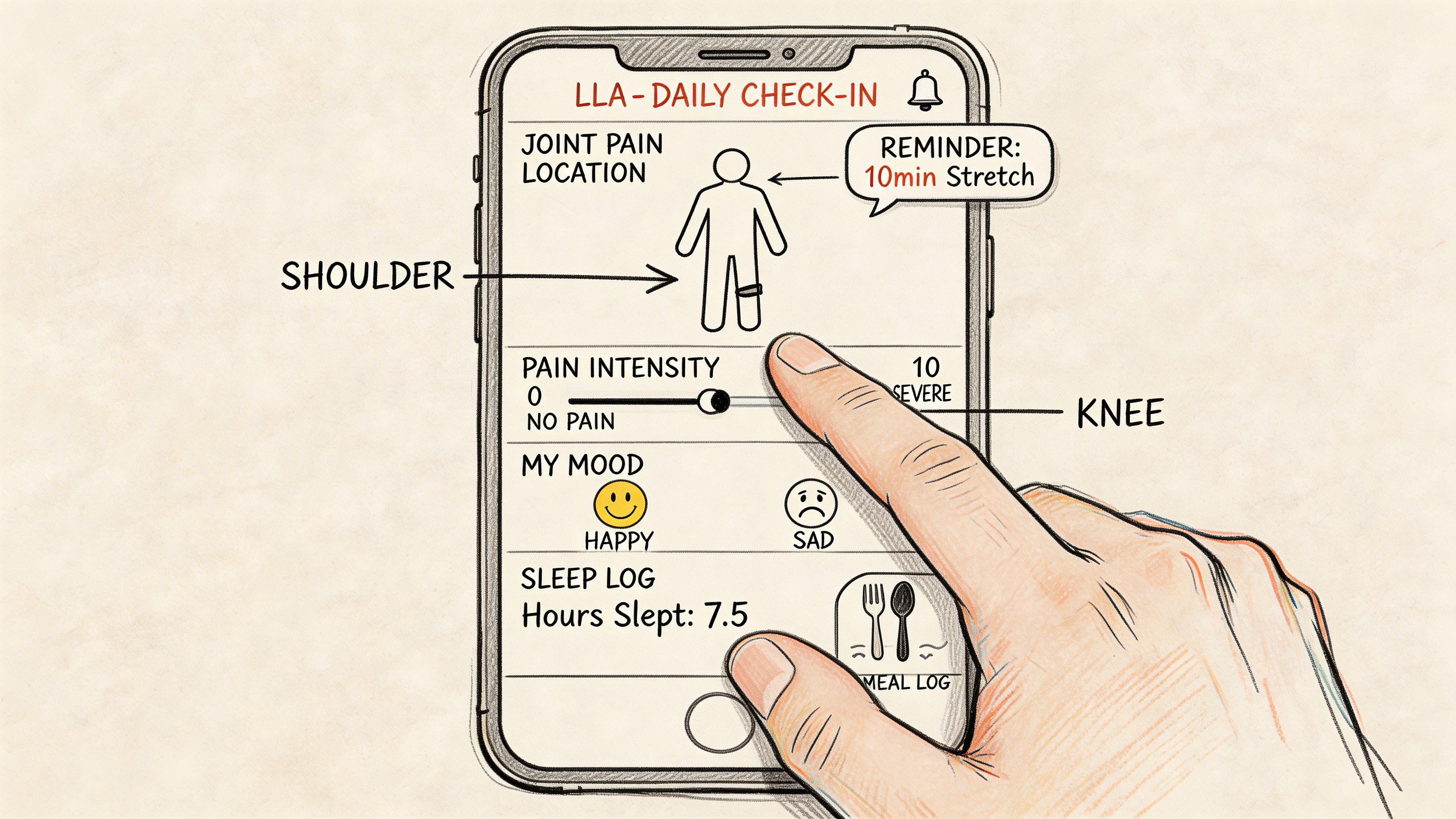 A digital illustration of a smartphone screen showing a daily health tracking app used for joint pain.