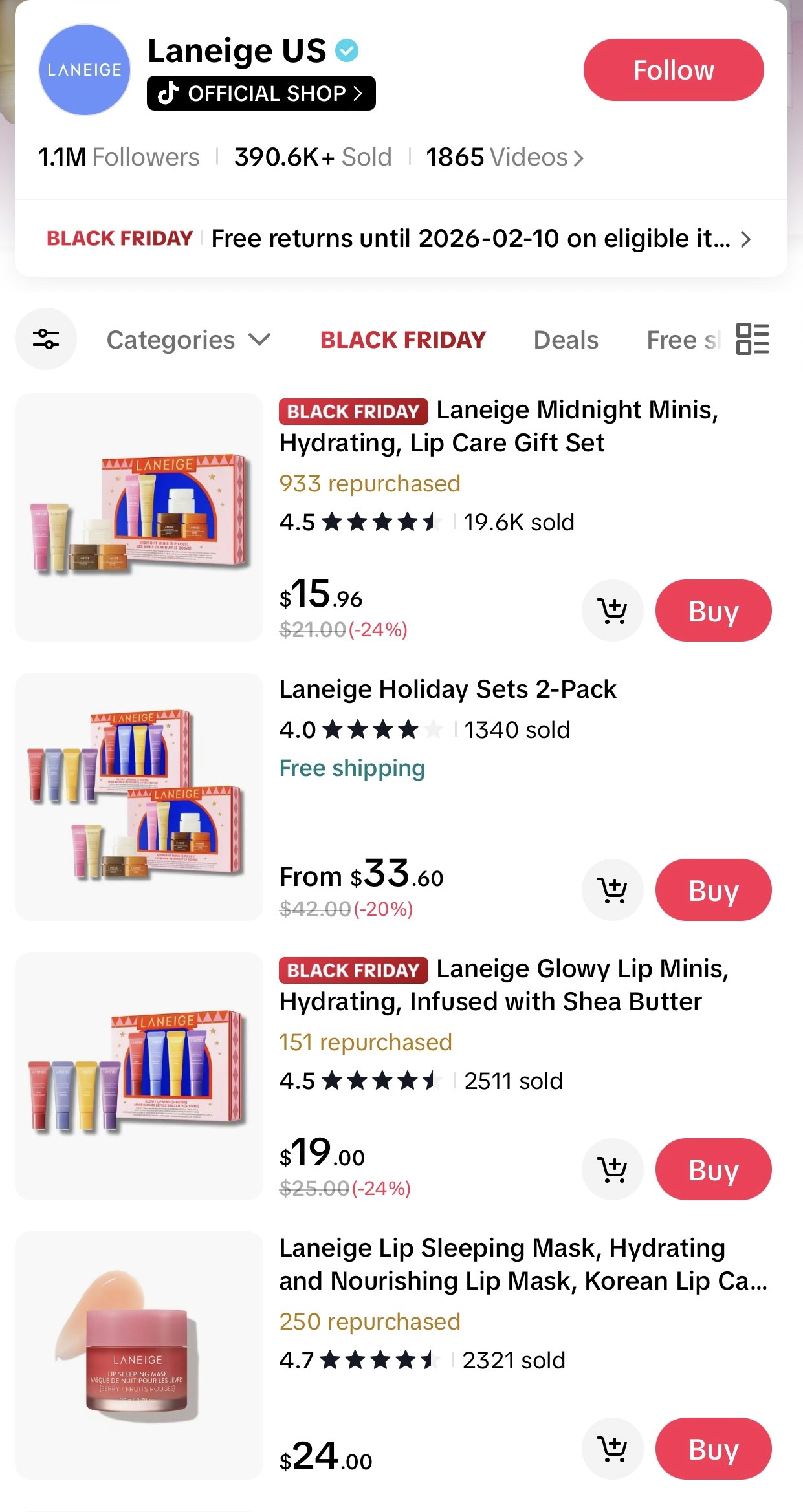 Laneige US Official Shop in TikTok Shop powered by AfterShip Feed.