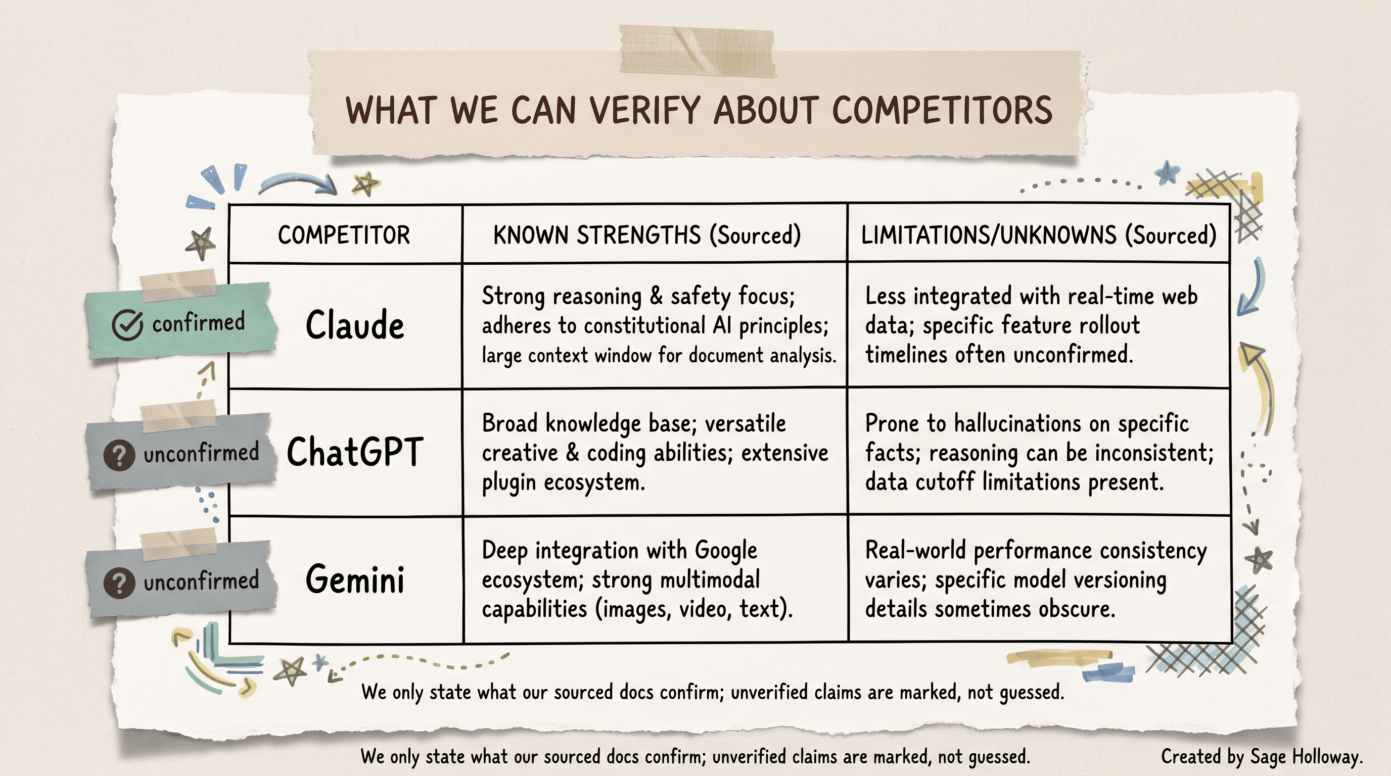 Table showing what is confirmed versus unconfirmed about Claude, ChatGPT, and Gemini text watermarking in our sourced pack