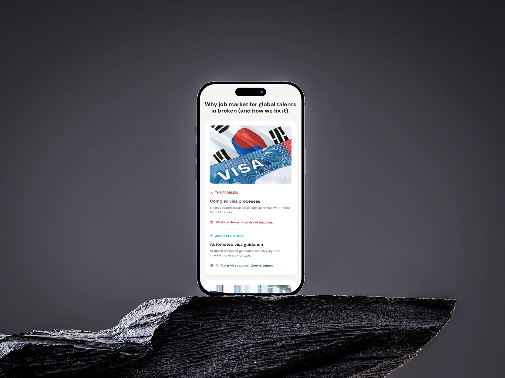 Jably visa section mobile UI — why global talent chooses Korea, conversion-focused B2B screen design on iPhone