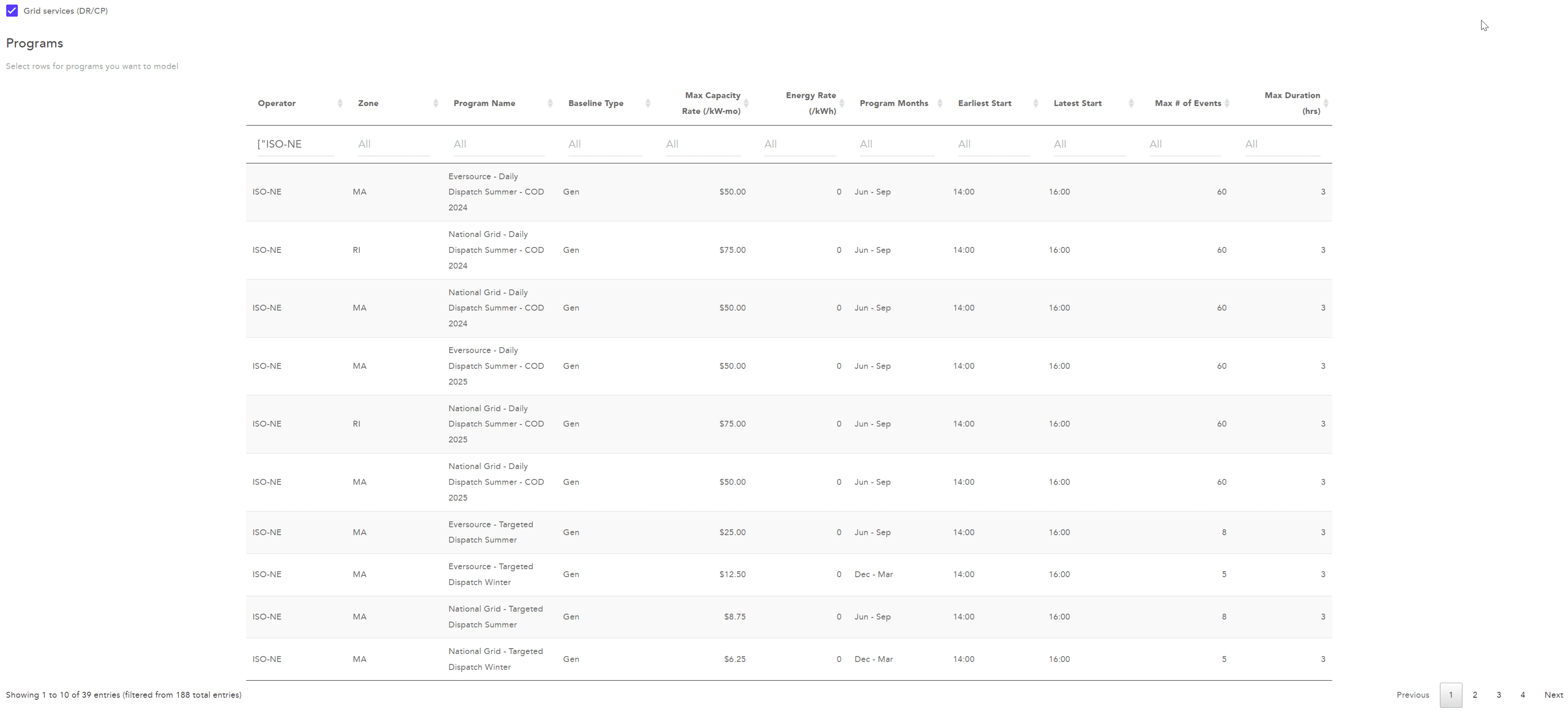 Original Grid Services interface with dense program listings.