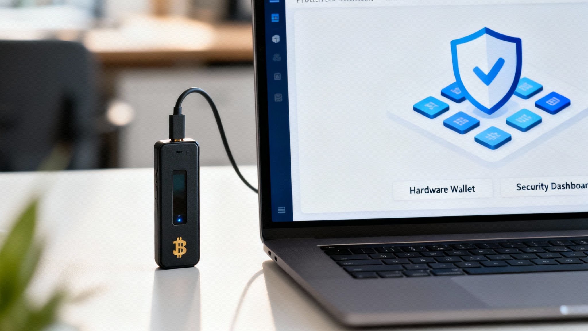 A black hardware crypto wallet with a Bitcoin logo connected to a laptop showing a security dashboard.