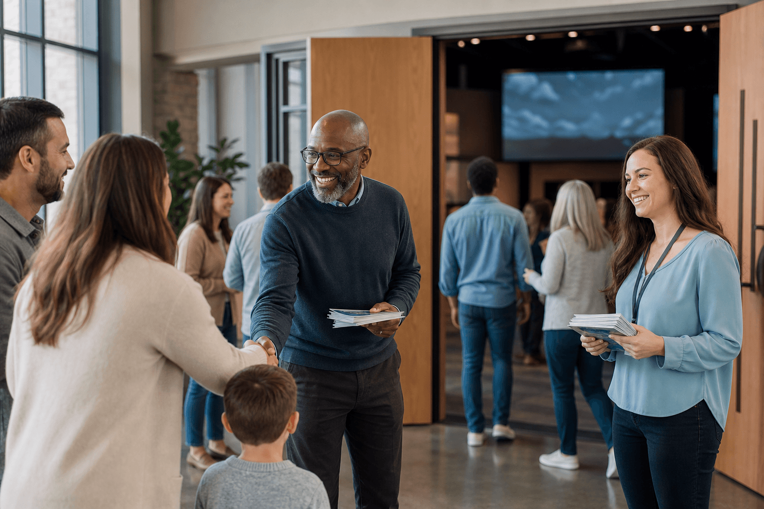 Church hospitality volunteers welcoming a family before Sunday service