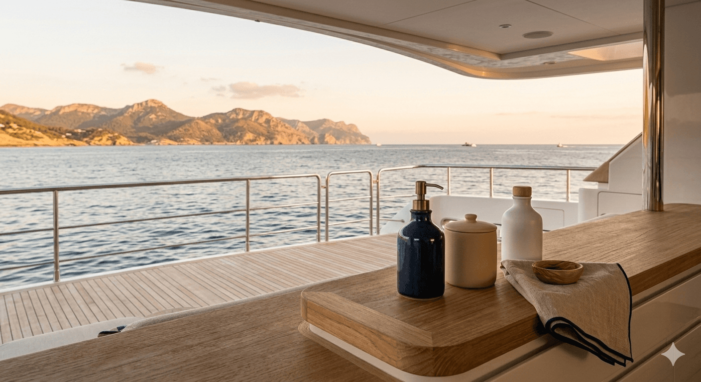 View from a yacht deck featuring a serene ocean and distant mountains at sunset. Foreground shows a wooden counter with soap dispensers and a towel