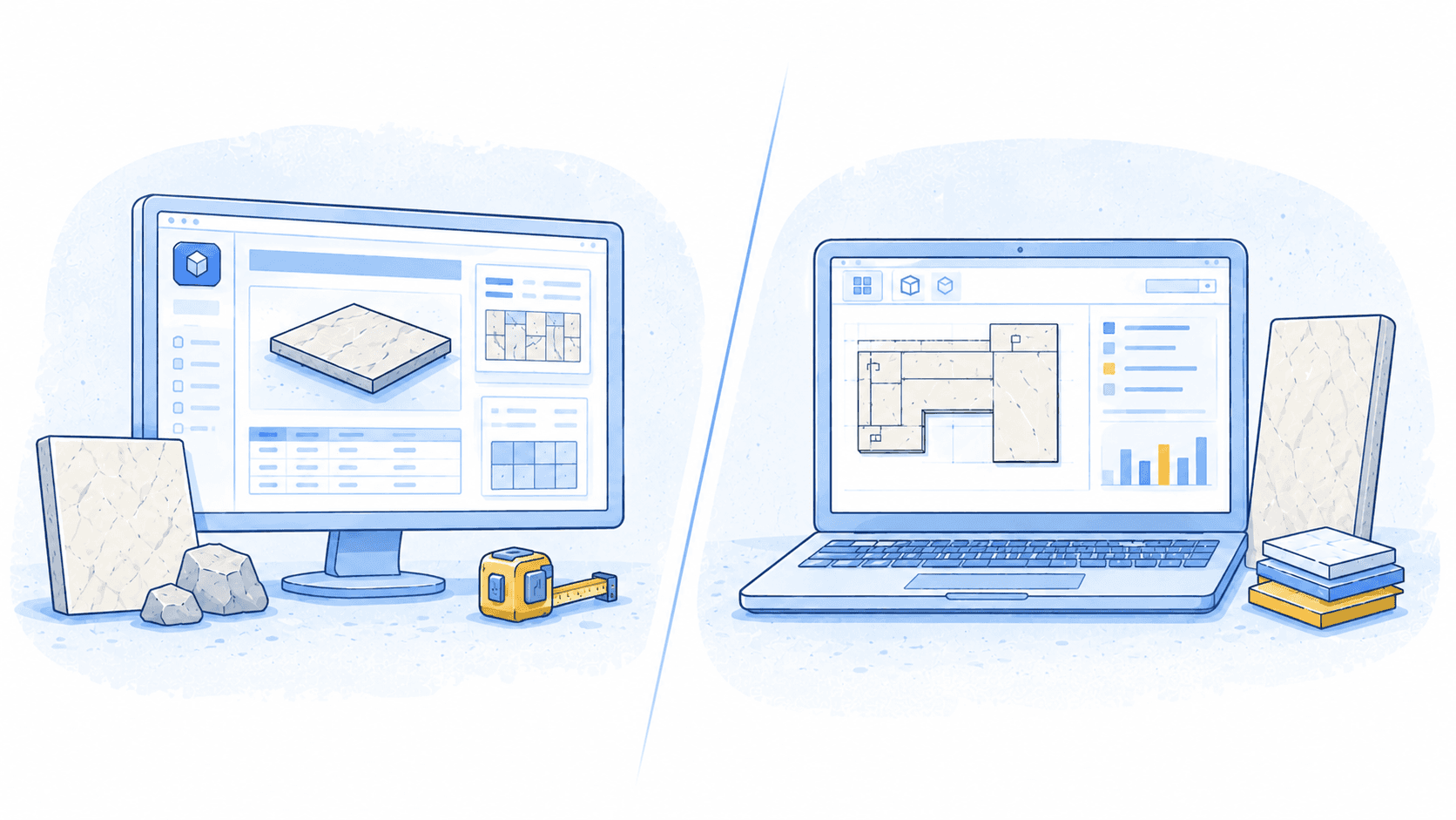 CEO-focused illustration comparing two stone fabrication software workflows in a clean light-blue vector style.
