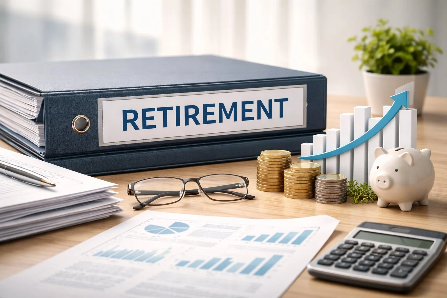 Well-organized retirement folder placed next to business growth indicators, including upward-trending charts and stable financial symbols, conveying calm confidence.