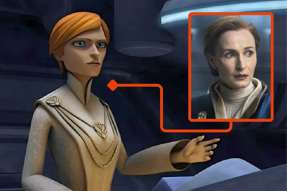 Animated Mon Mothma from Star Wars Rebels connected to live-action Mon Mothma from Andor, highlighting her consistent character design across Star Wars media.