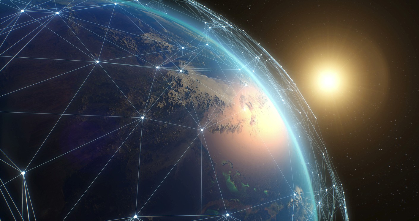 Artistic representation of a Star Catcher network of power nodes in orbit above Earth