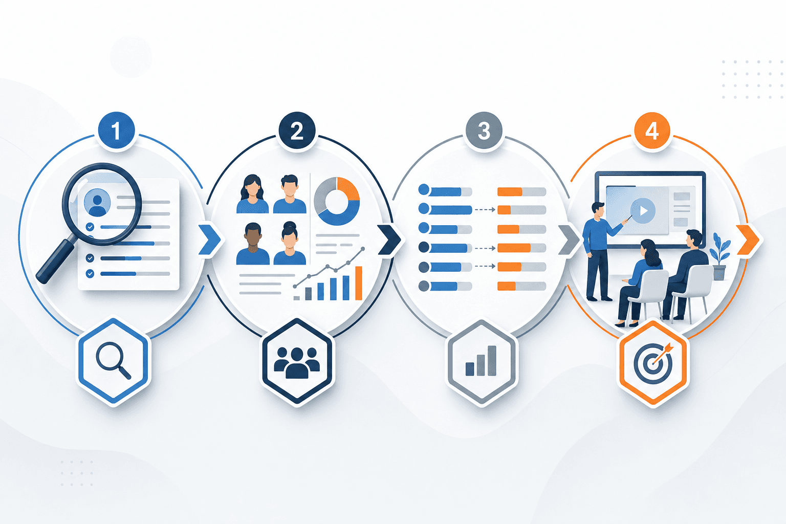 A modern, minimalist business illustration showing a four-step skills gap analysis process workflow. Visualize the progression through abstract geometric elements: magnifying glass examining skill requirements, people being assessed with data visualization elements, comparison charts showing gaps between current and required skills, and targeted training solutions. Use a professional color palette with blues, grays, and accent orange. Clean, contemporary style with clear directional flow from left to right, showing interconnected circular or hexagonal stages with icons representing analysis, assessment, comparison, and action. Depth and dimension with subtle shadows.