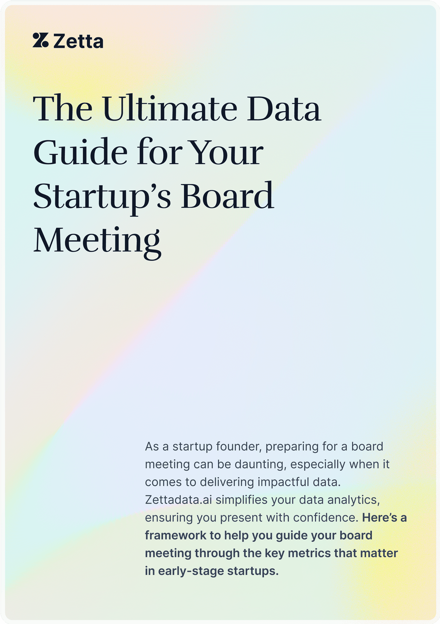 Pastel rainbow-colored cover of The Ultmate Data Guide for Your Startup's Board Meeting