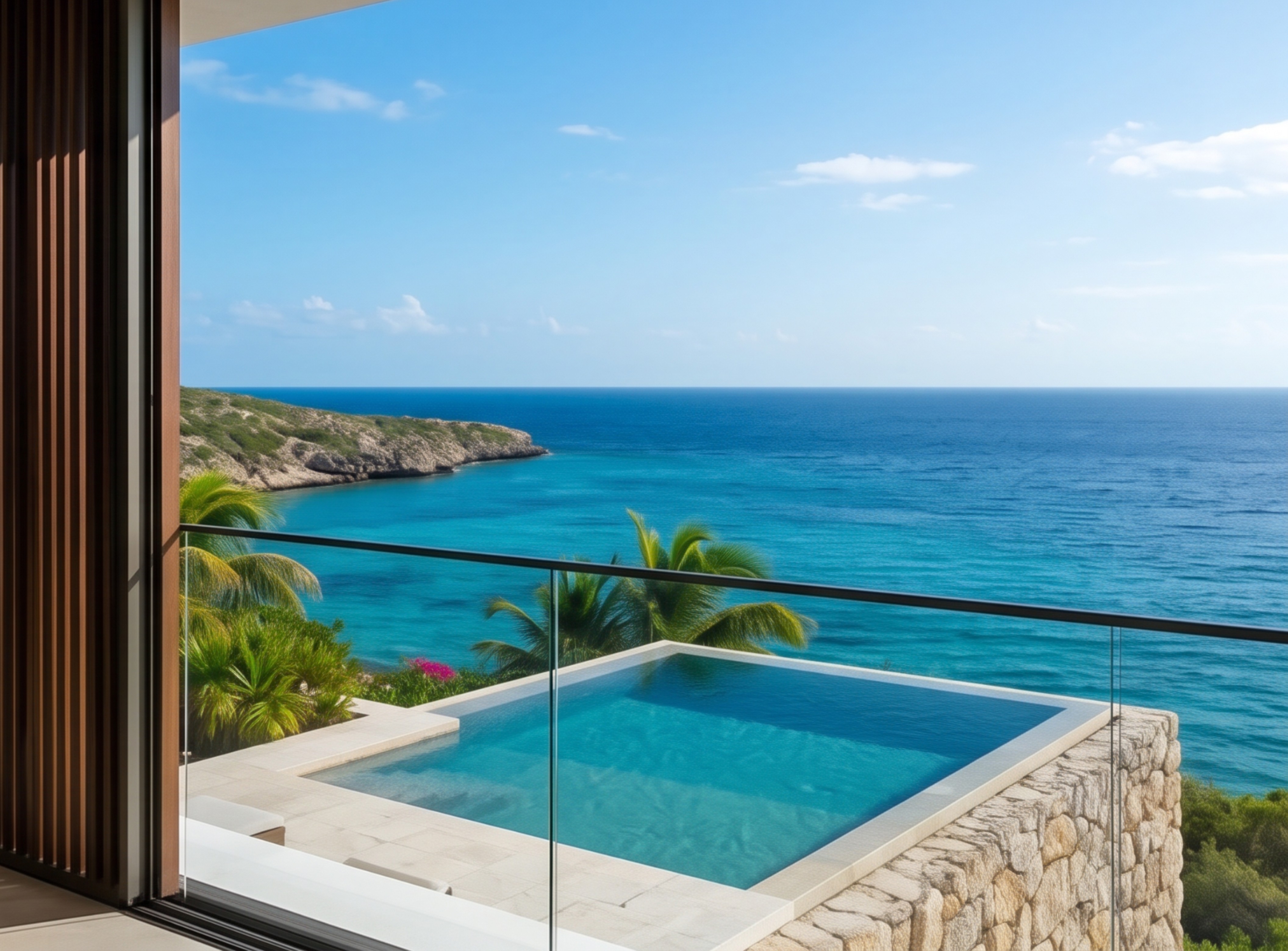 Private pool terrace above turquoise coastline