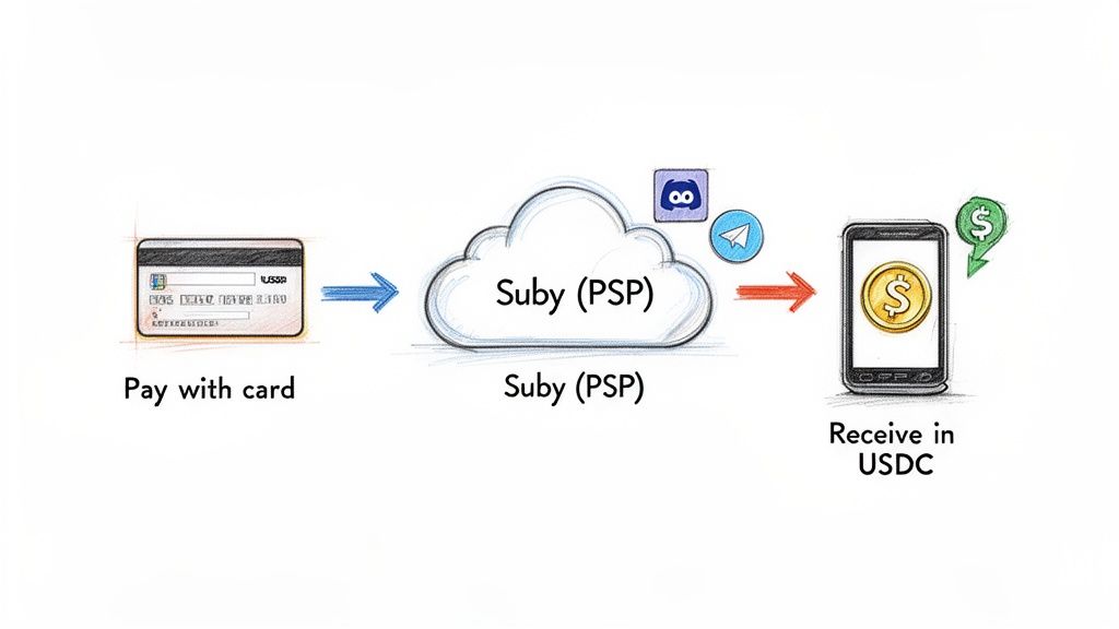 Diagram showing a card payment flowing through Suby PSP cloud to receive USDC on a mobile phone.