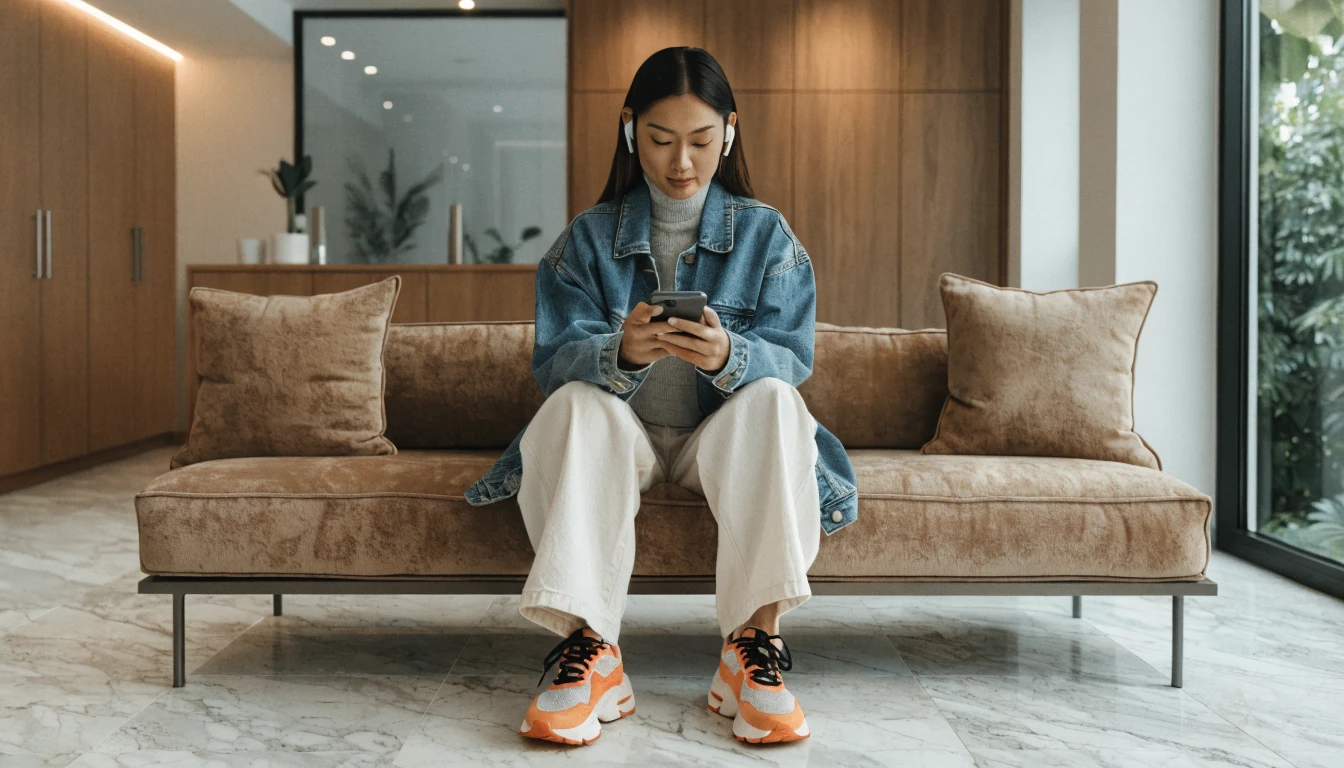a calm dental reception scene with a patient reading a treatment page on a phone, soft lighting, reassuring clinical atmosphere