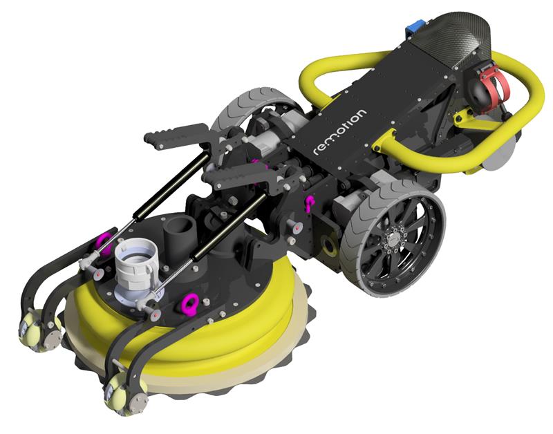 CAD render of the Remotion Proteus hull maintenance robot with magnetic wheels and cleaning skirt