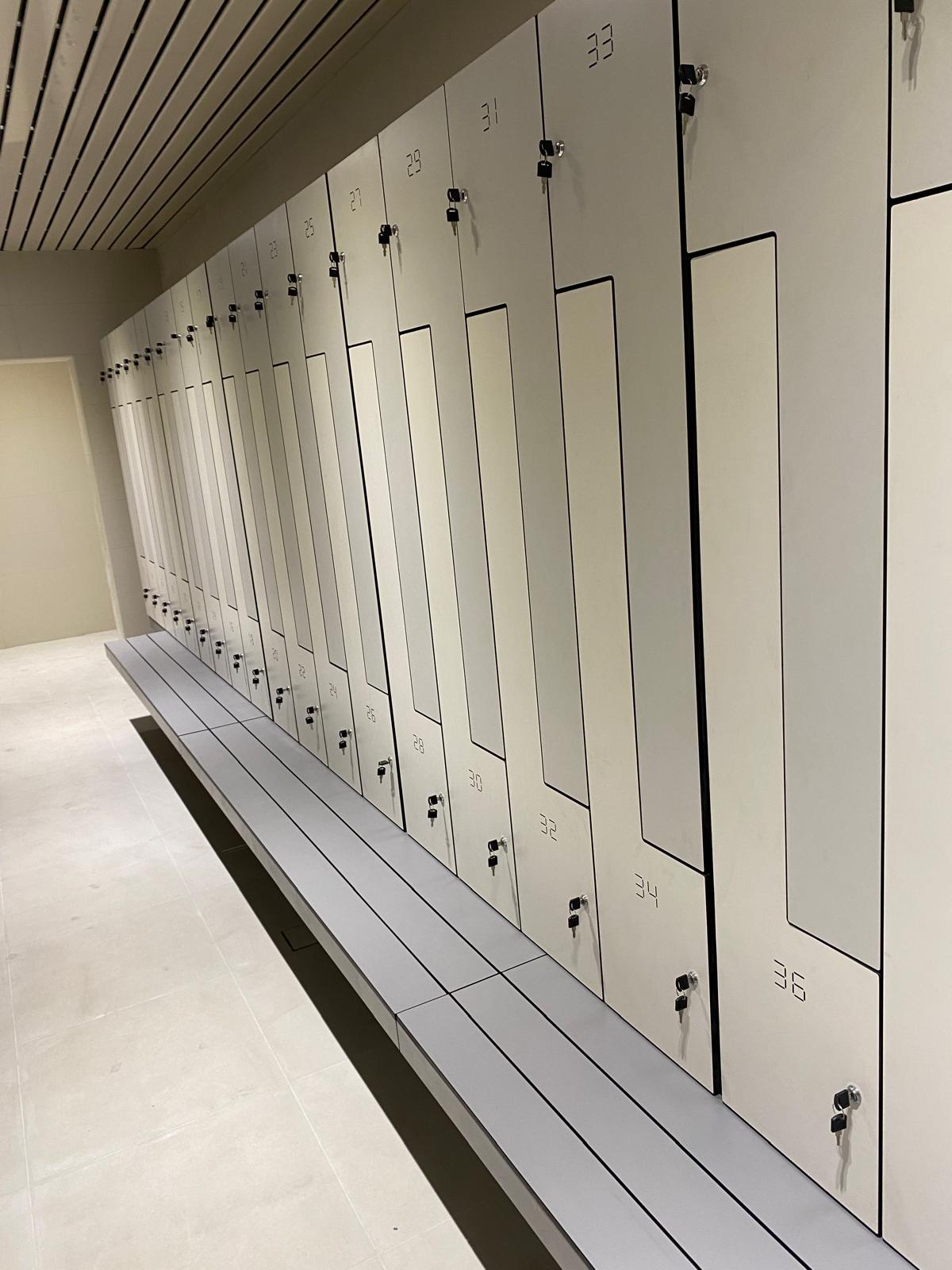 OLYMPIAN Z-Type lockers with integrated bench seating at Khalifa Sports City