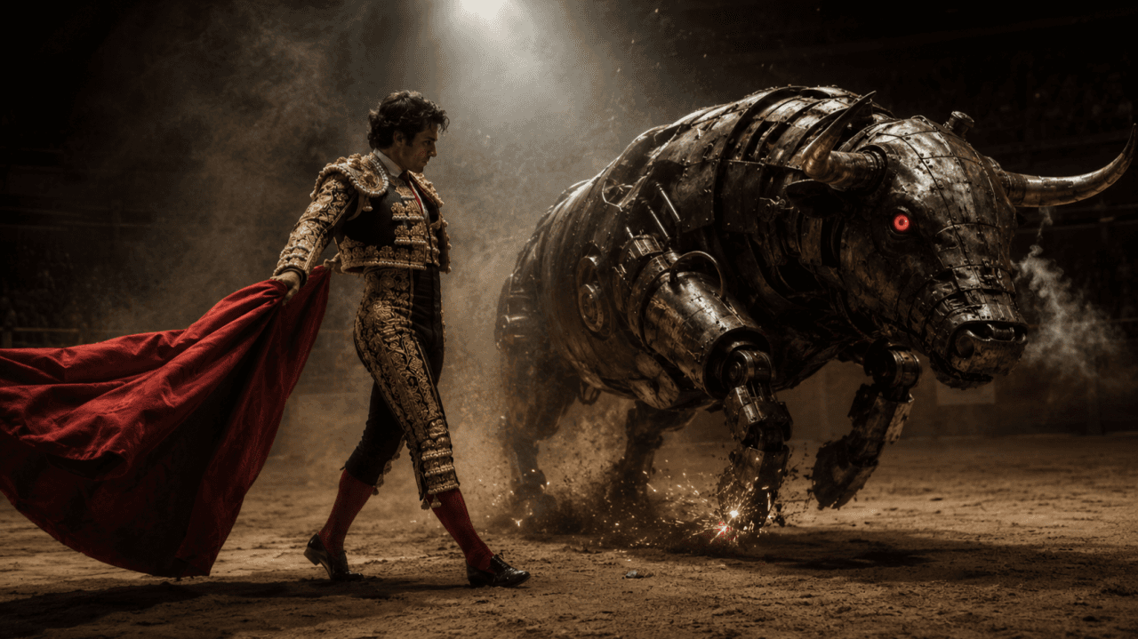 Un matador et un taureau mecanique