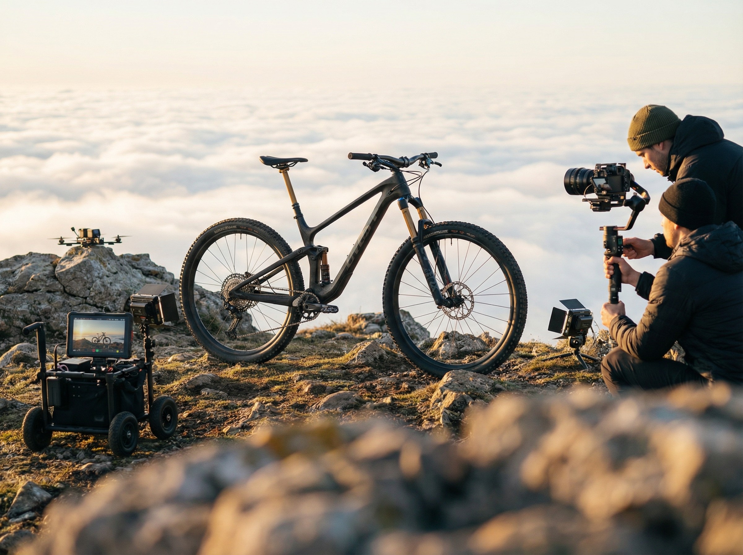 FIlmset on mountainrange. Mountainbike as subject, with lightsstands, camera crew and drone