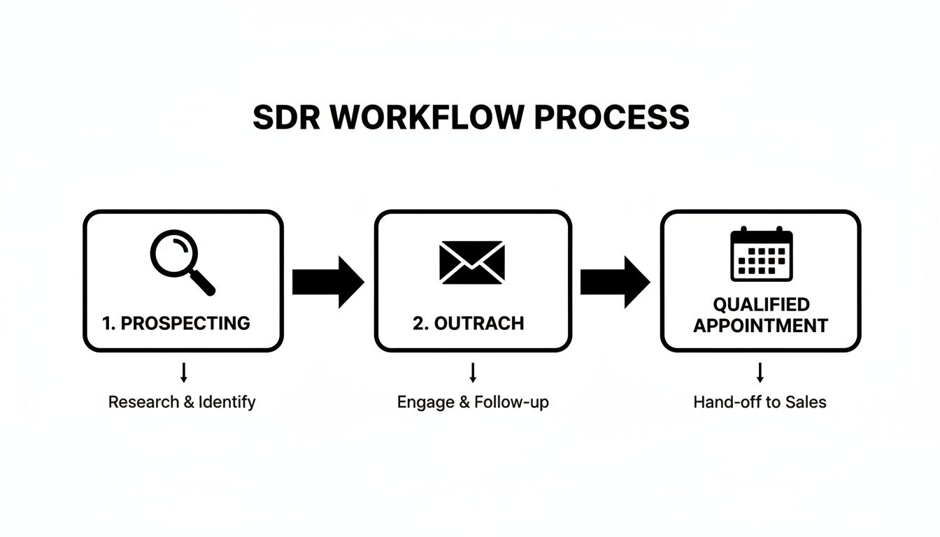 SDR workflow process diagram with three steps: Prospecting, Outreach, and Qualified Appointment.