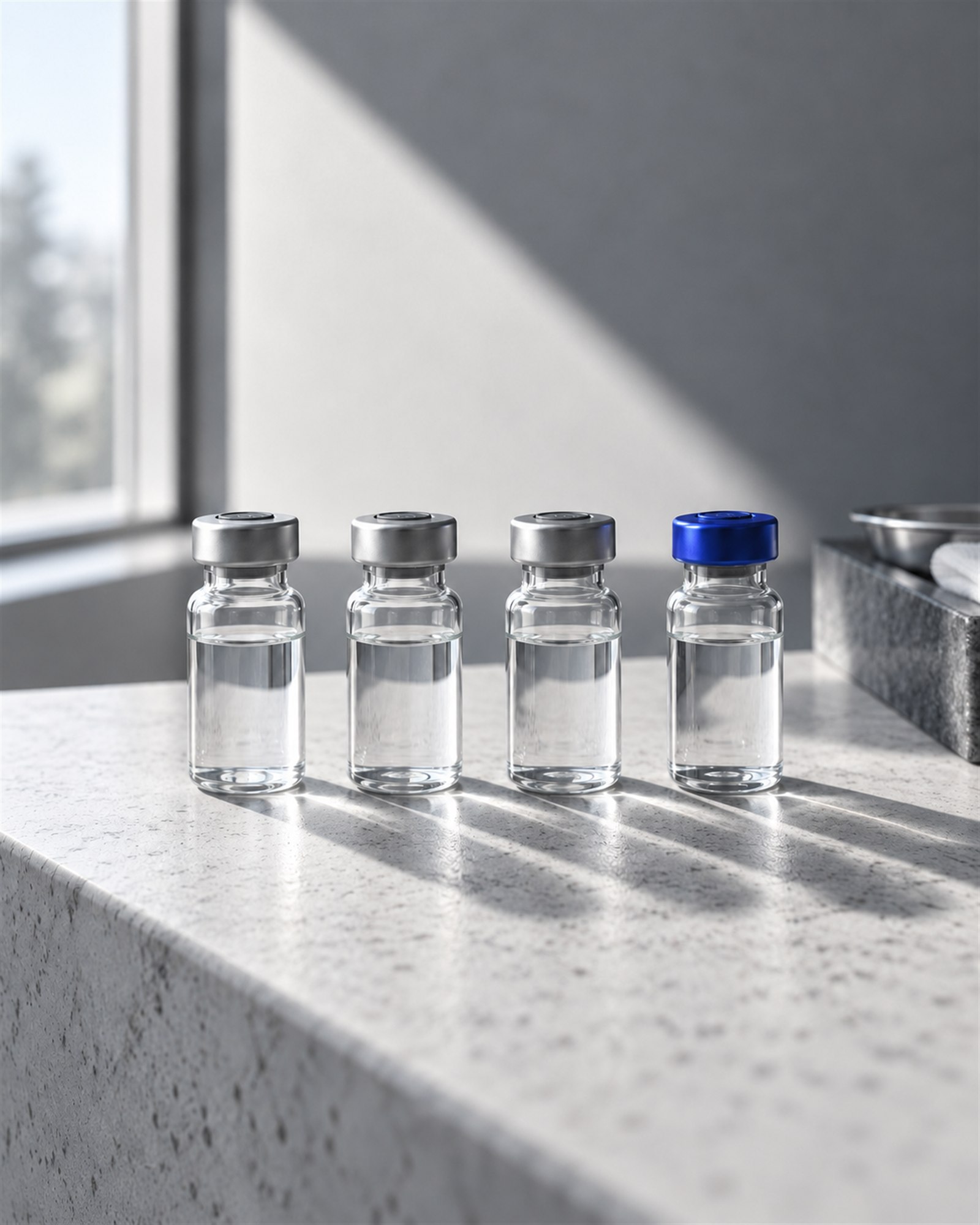 Four glass sample vials on pale stone, with a cobalt cap on the last vial.