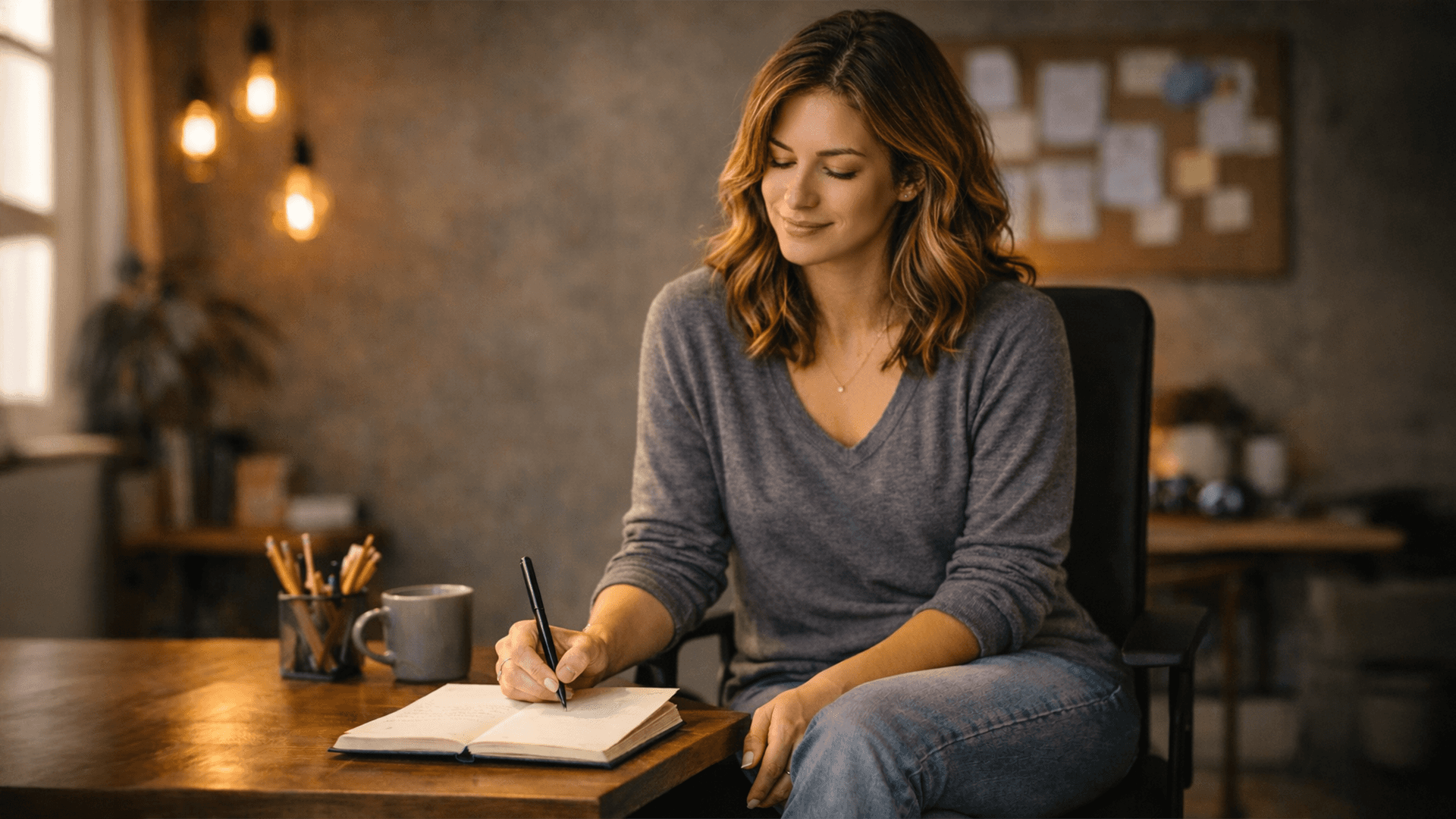 Entspannte Frau sitzt an einem Holztisch und schreibt in ein Notizbuch, während sie in ruhiger Atmosphäre über persönliche Ziele nachdenkt