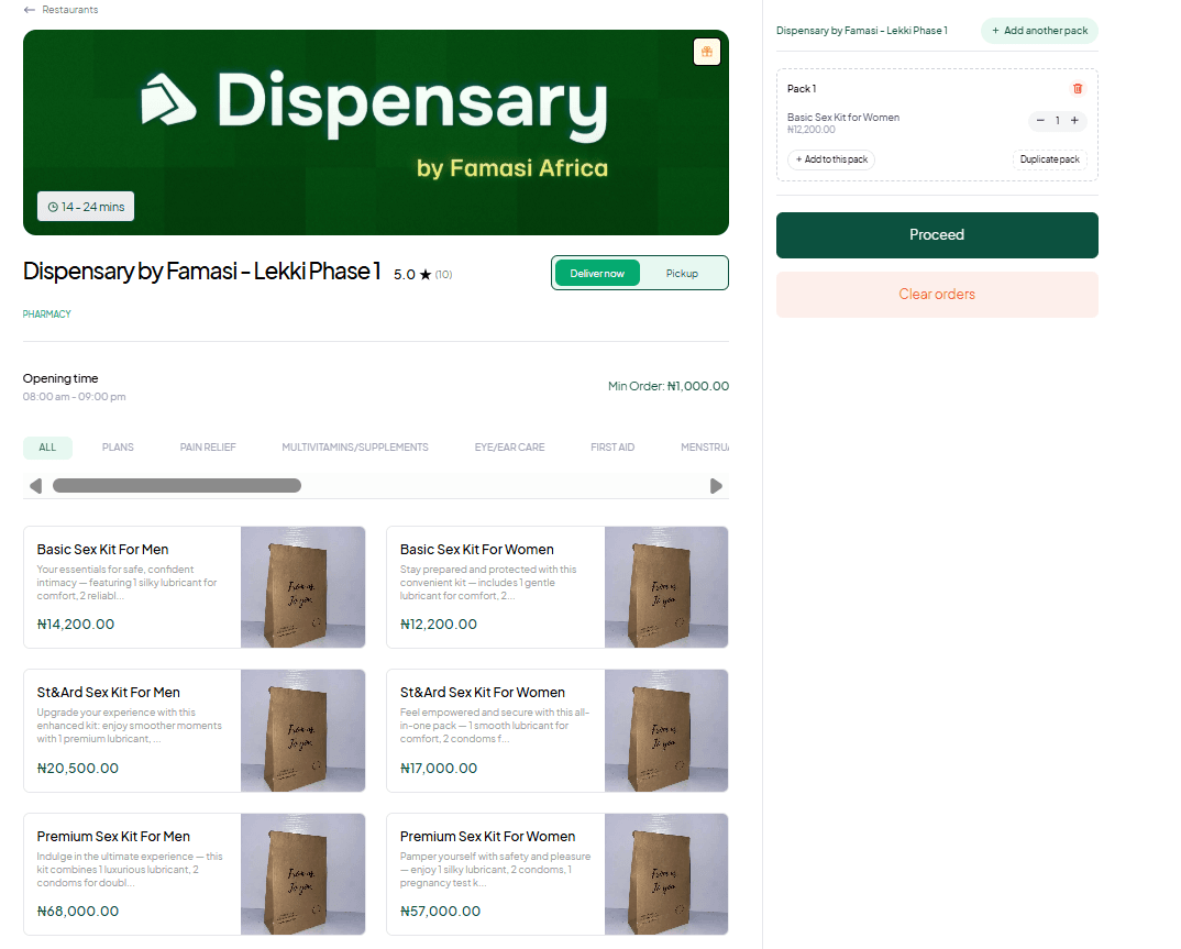 Making order on Dispensary by Famasi store on Chowdeck