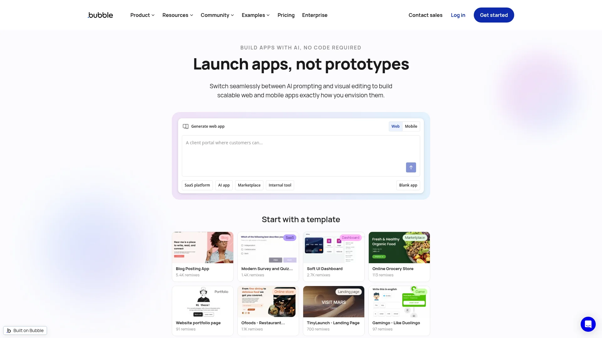 Bubble no-code web app builder homepage