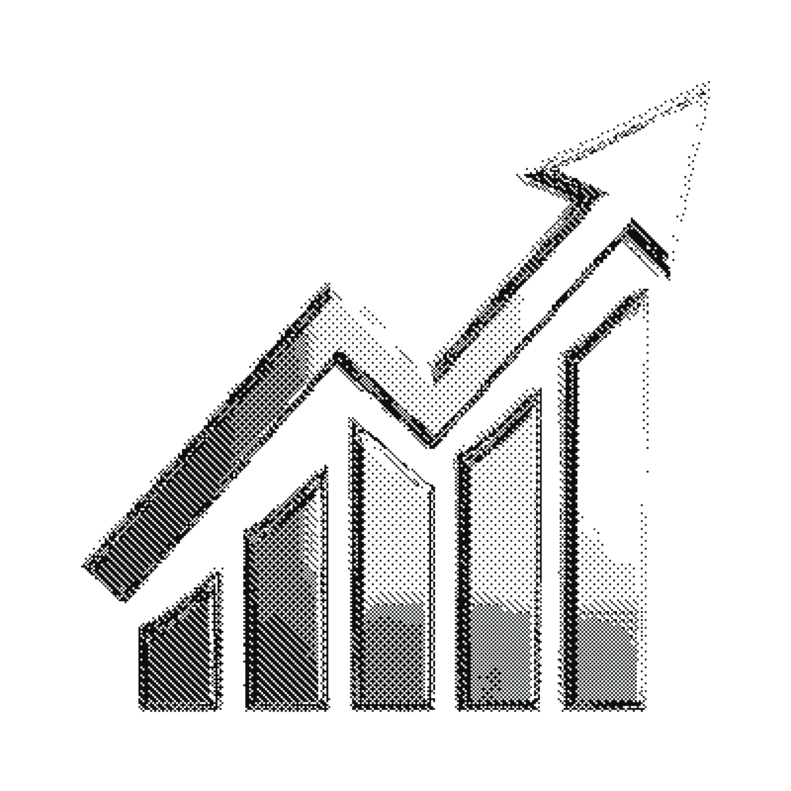 Halftone illustration of a rising bar chart with an upward arrow, representing growth potential in quantum technology venture capital and Series A/B scale-up investments.