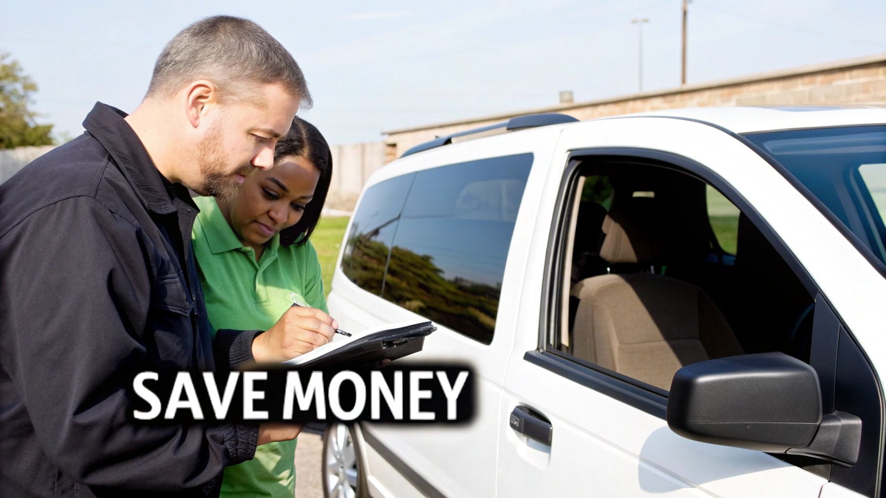 A man and a woman reviewing documents next to a white minivan, with