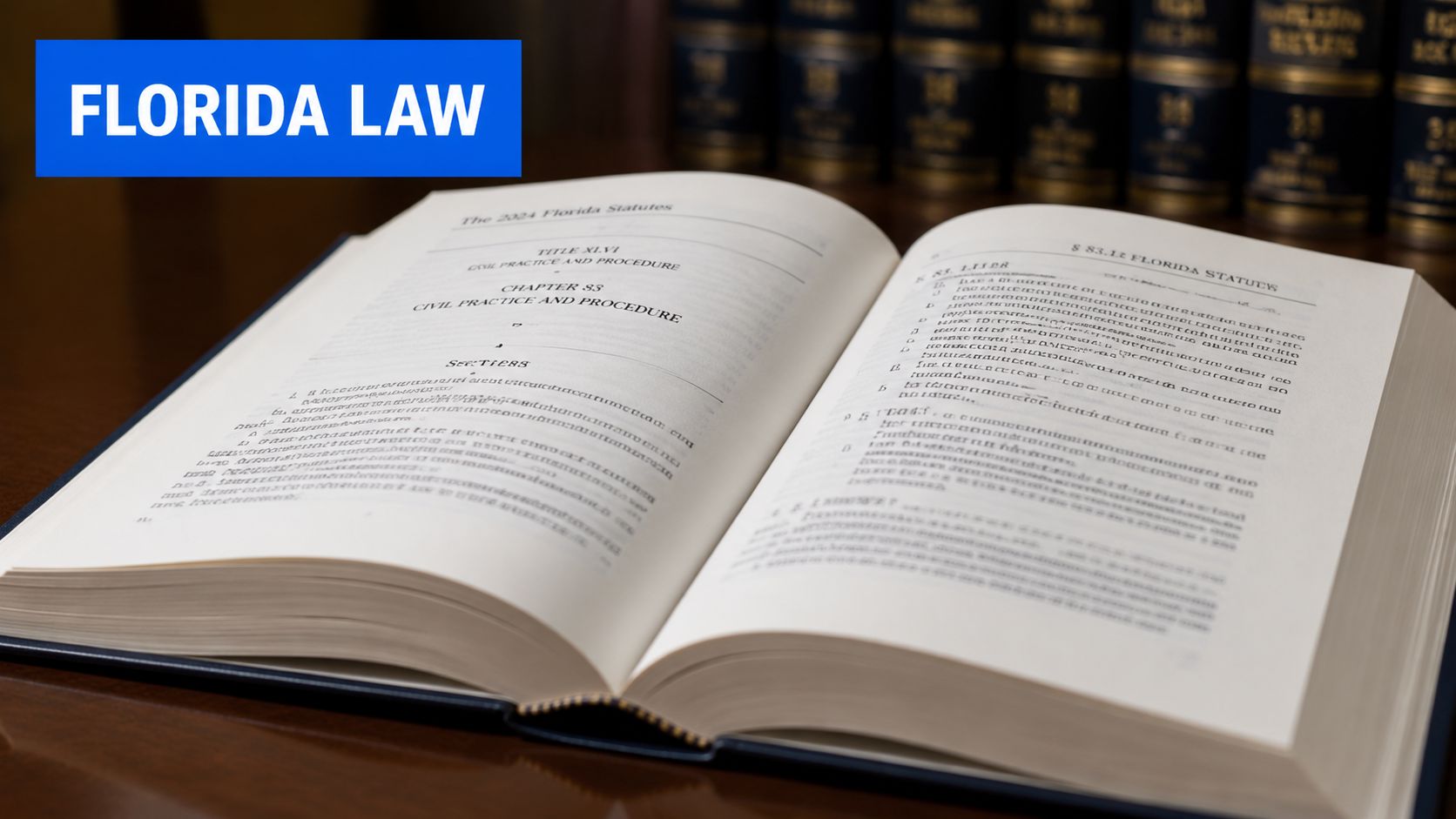 An open book titled Florida Statutes rests on a wooden table with blurred law books in background.