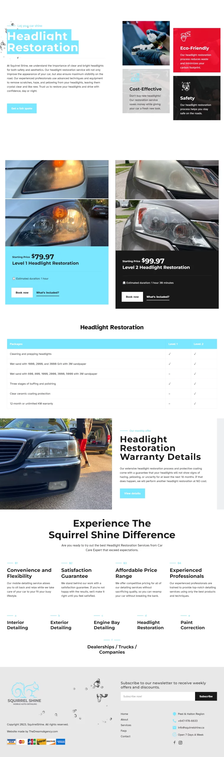 Headlight Restoration page for squirrelshine website developed & designed by Dreams Agency Mississauga, Ontario