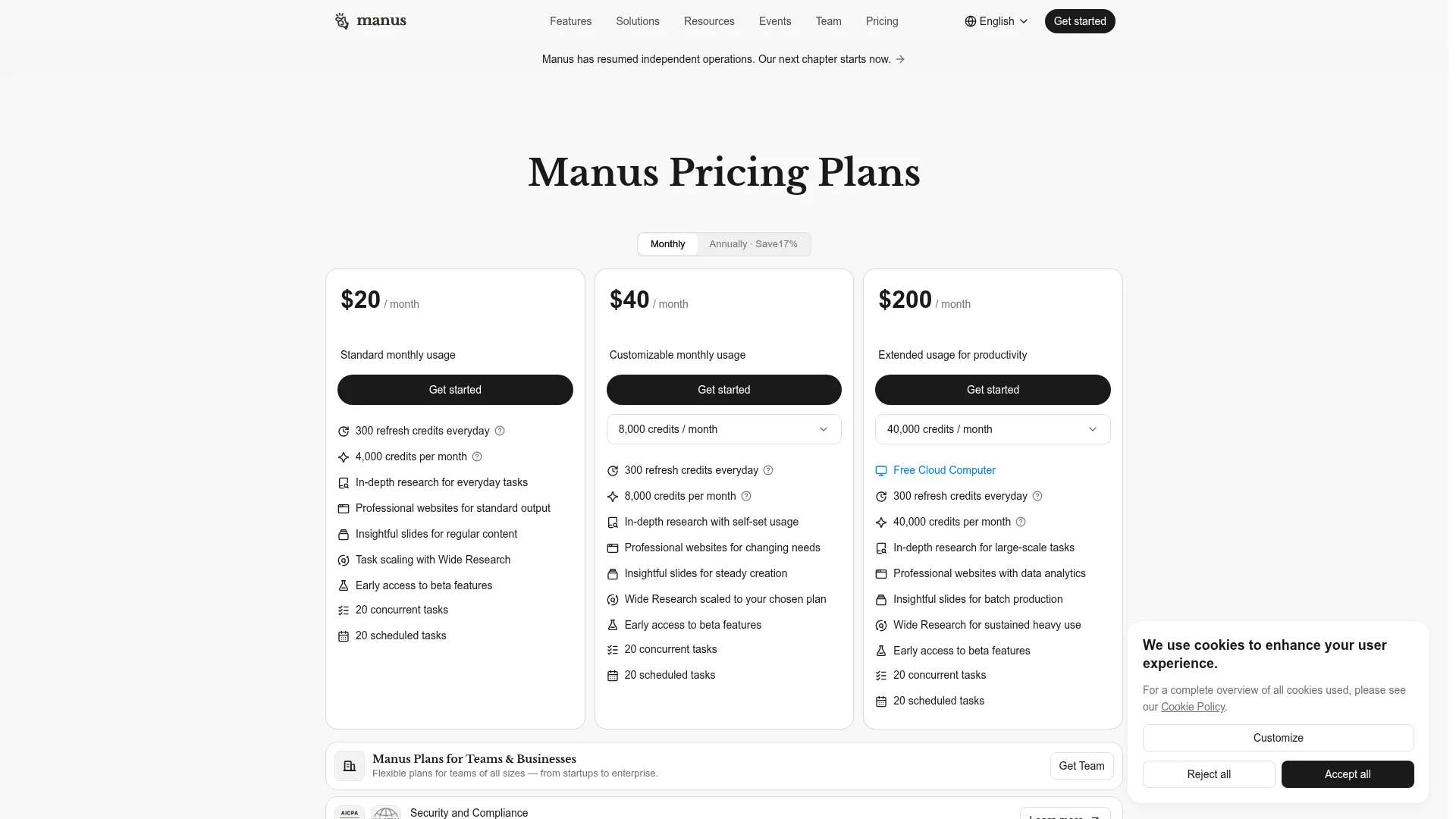 Manus pricing page in September 2026 showing $20, $40 and $200 monthly plans with 4,000, 8,000 and 40,000 credits