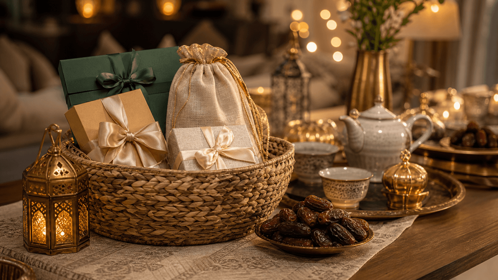 A halal gift basket with dates, tea and wrapped boxes for Eid and Ramadan gift-giving in Islam