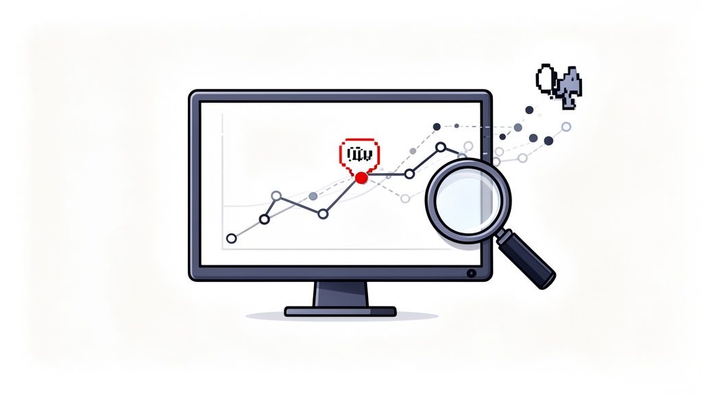 Computer screen showing a growth graph with a magnifying glass, analyzing data for website performance and marketing.
