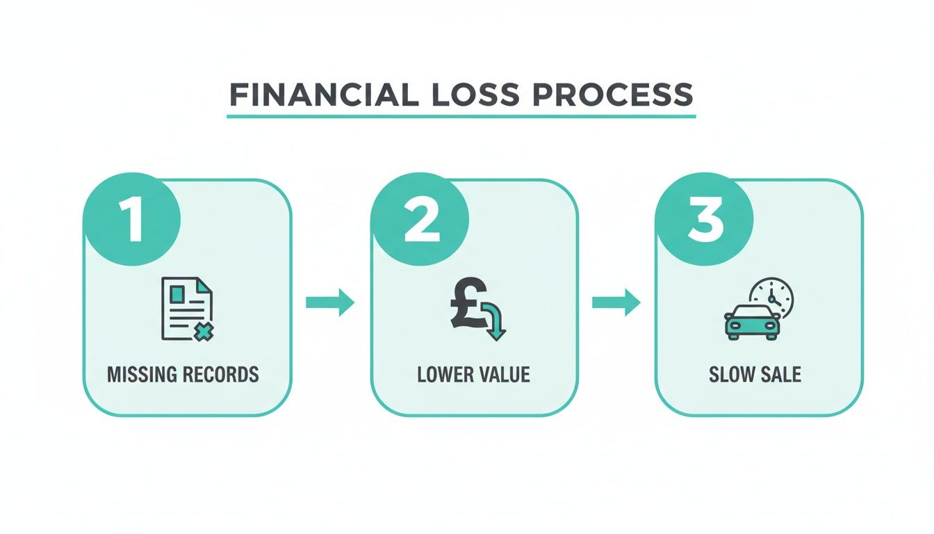 A three-step diagram illustrates the financial loss process: missing records lead to lower value and then to slow sales.