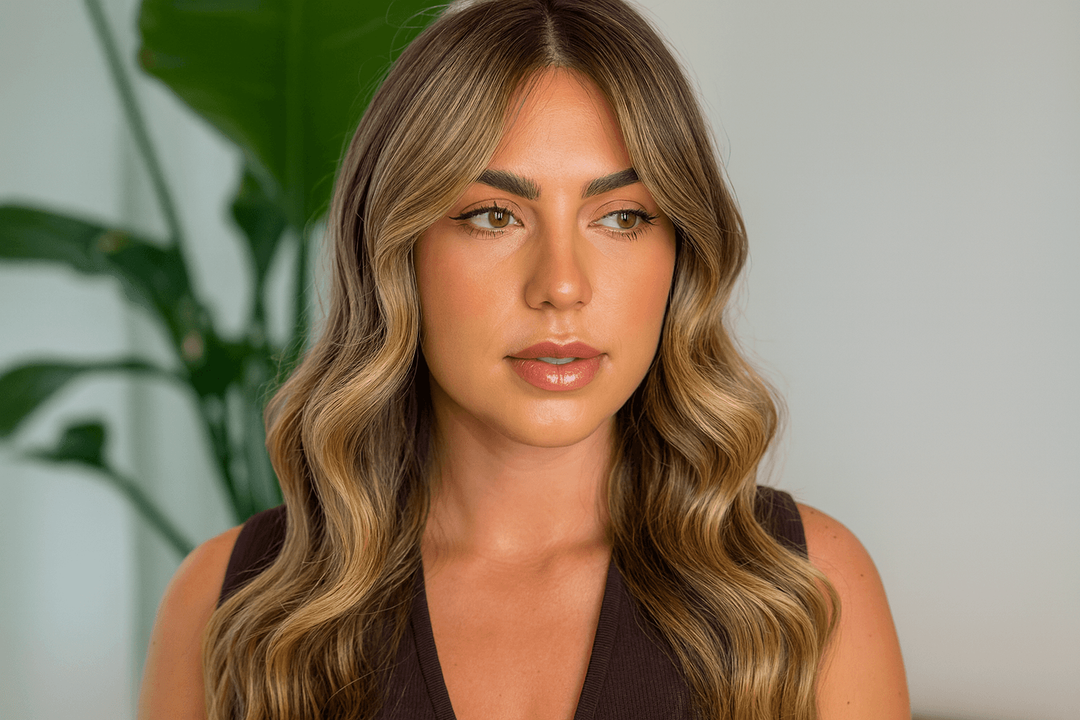 A serene and elegant spa space with wooden reclining chairs and white cushions. Golden sunlight filters through a cascading water feature, creating a peaceful atmosphere. Tropical plants and candles add to the relaxing ambiance.