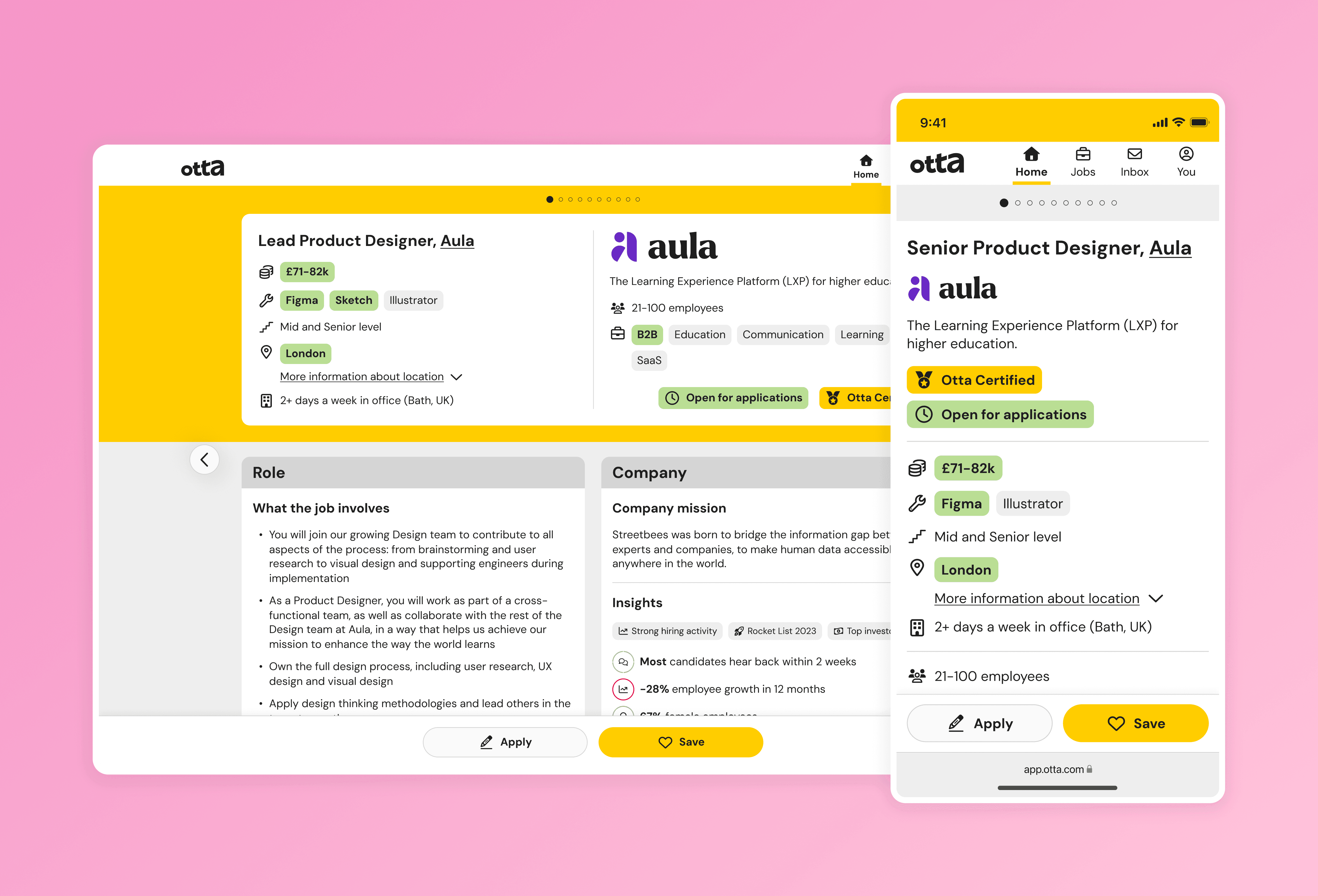 Otta job card on desktop and mobile