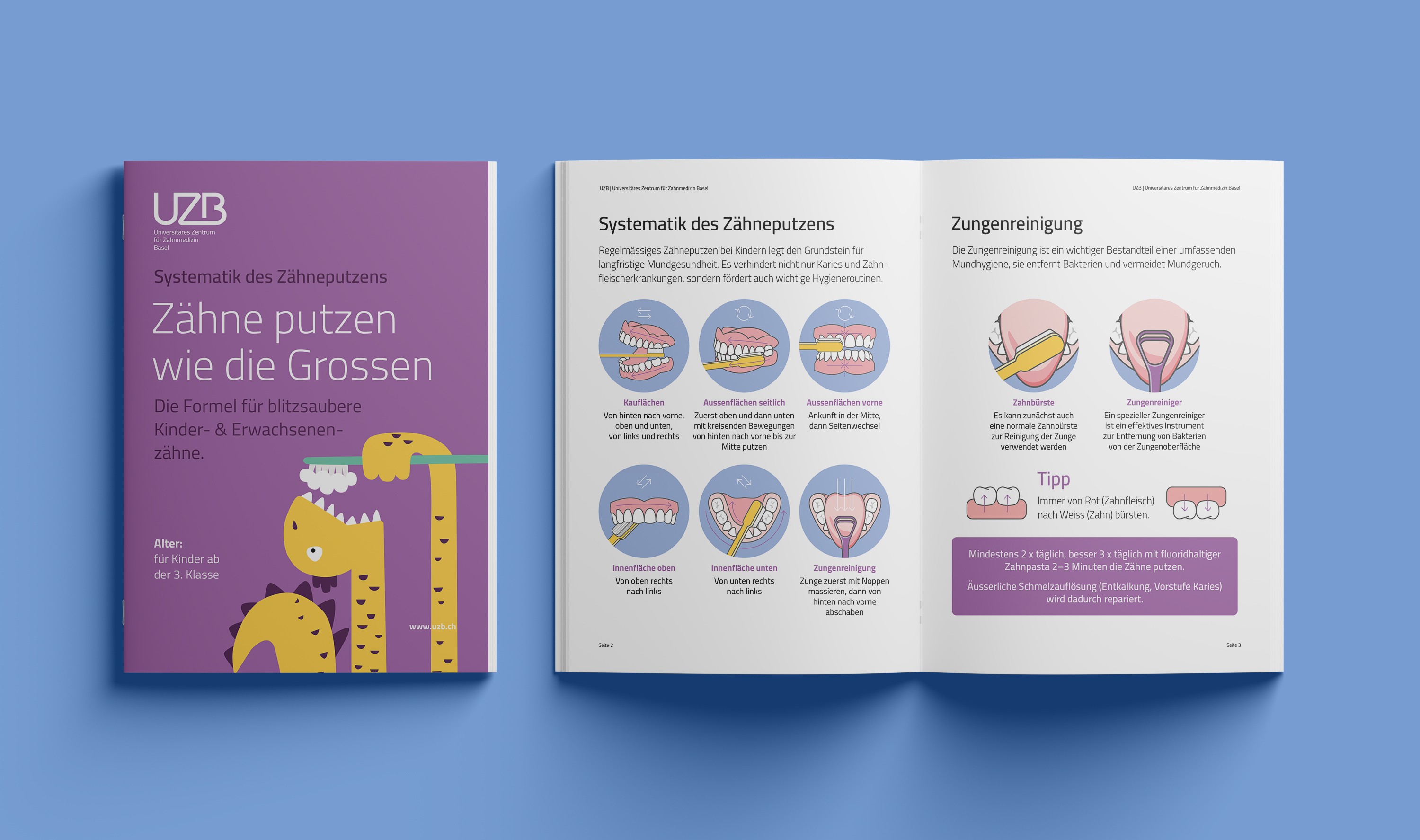 Layoutgestaltung für Informationsbroschüren der UZB Basel – klar strukturierte Seiten mit freundlicher Farbgebung und präziser Typografie.