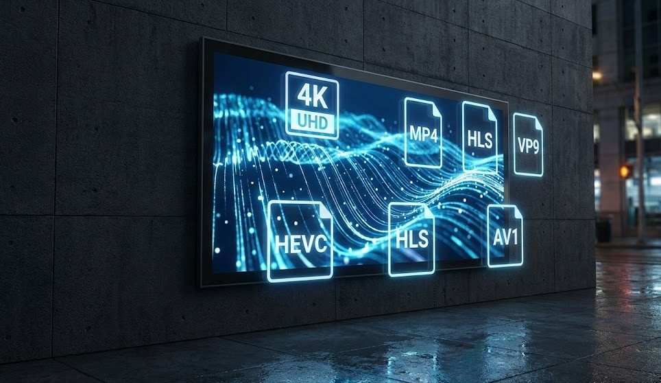 Ecrã digital exterior numa parede de betão à noite, exibindo um gráfico de ondas de luz azul e vários ícones brancos flutuantes com formatos de vídeo (4K UHD, MP4, HLS, VP9, HEVC, AV1). O ecrã reflete-se na rua urbana molhada.