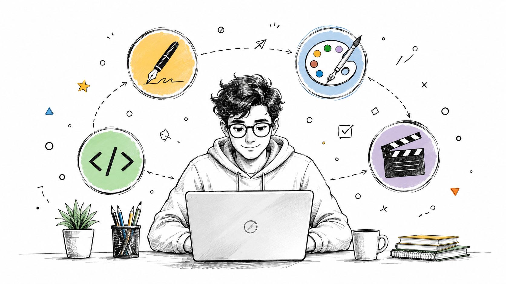 A digital artist with a laptop surrounded by icons representing writing, design, programming, and filmmaking skills.
