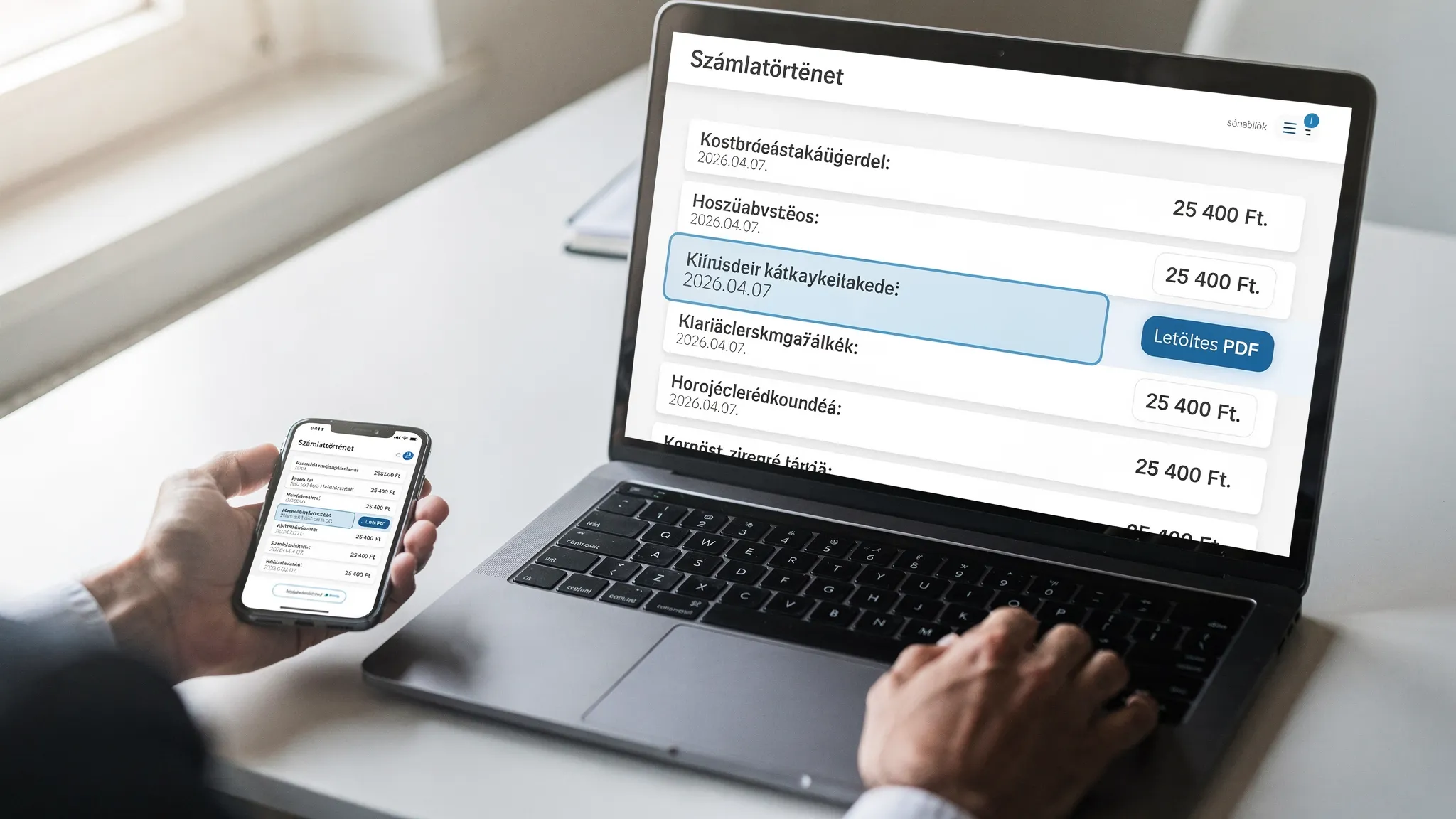 Egy mobil és laptop képernyője, ahol egy „Számlatörténet” lista látszik dátumokkal, összegekkel, és egy „Letöltés PDF” gombbal egy kiemelt számlasoron.