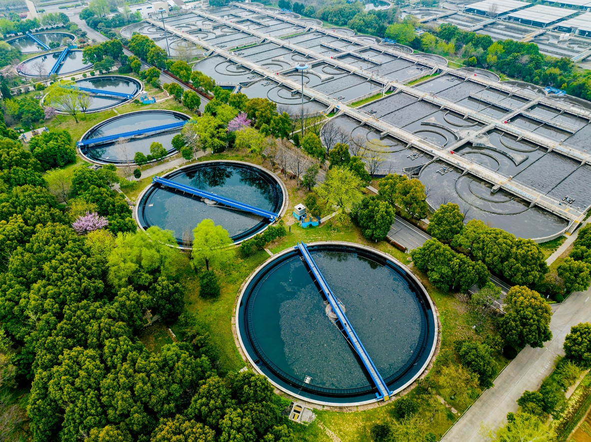 Aerial view of a water filtration facility