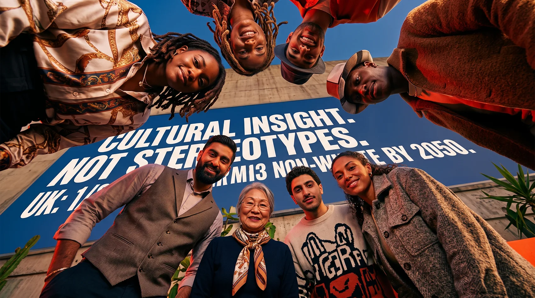 Diverse group smiling by billboard Cultural Insight Not Stereotypes UK one third non-white by 2050 - Mediareach insight