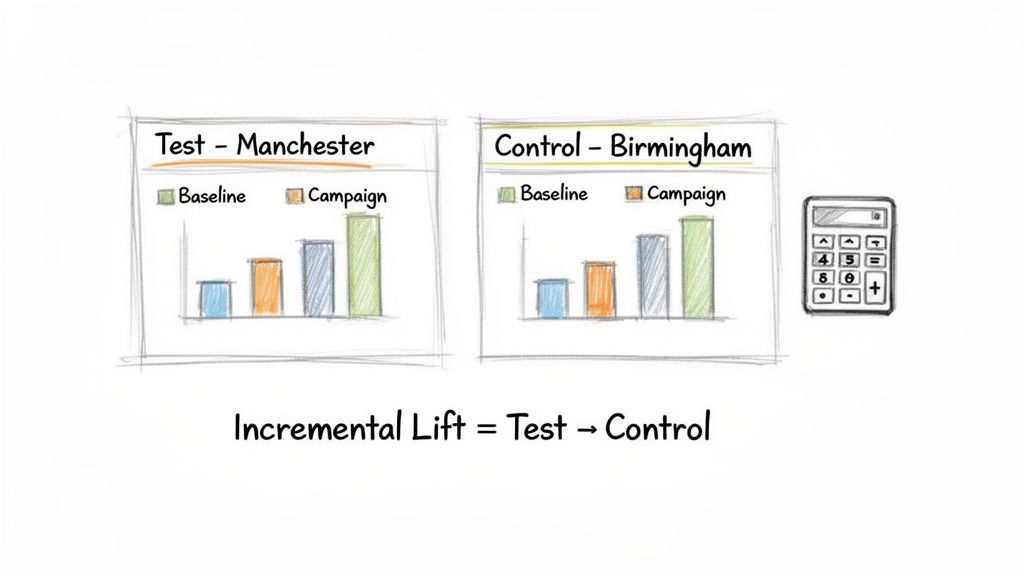 Bar charts comparing campaign results for test and control groups, illustrating incremental lift calculation.