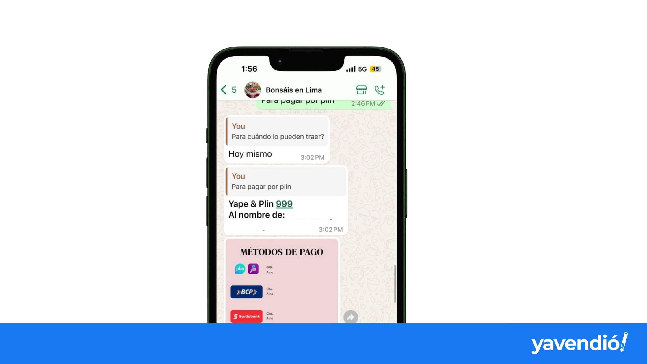 Mensaje para cobrar por Whatsapp en un mockup de celular