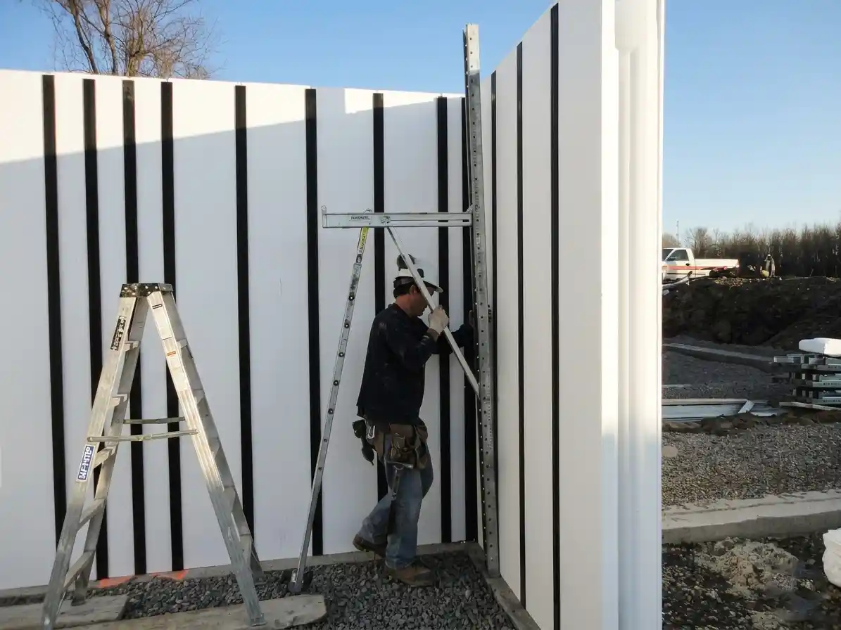 A builder making sure the wall sections are straight
