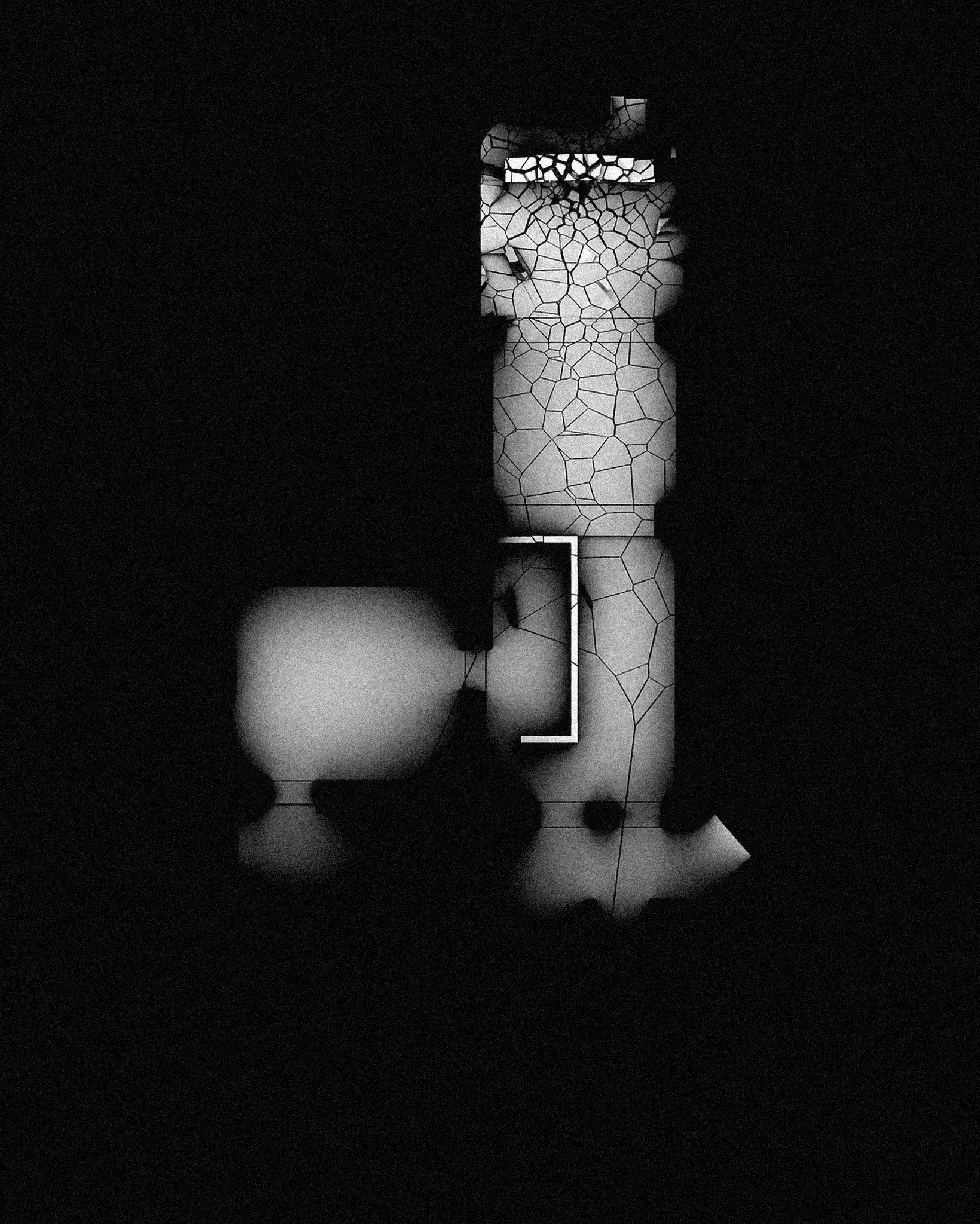 The digital 3D explosion starts at the DJ area and spreads through the whole space. The cracks became one of the main graphic ideas for Etat, an unrealized techno bar project in Kharkiv.