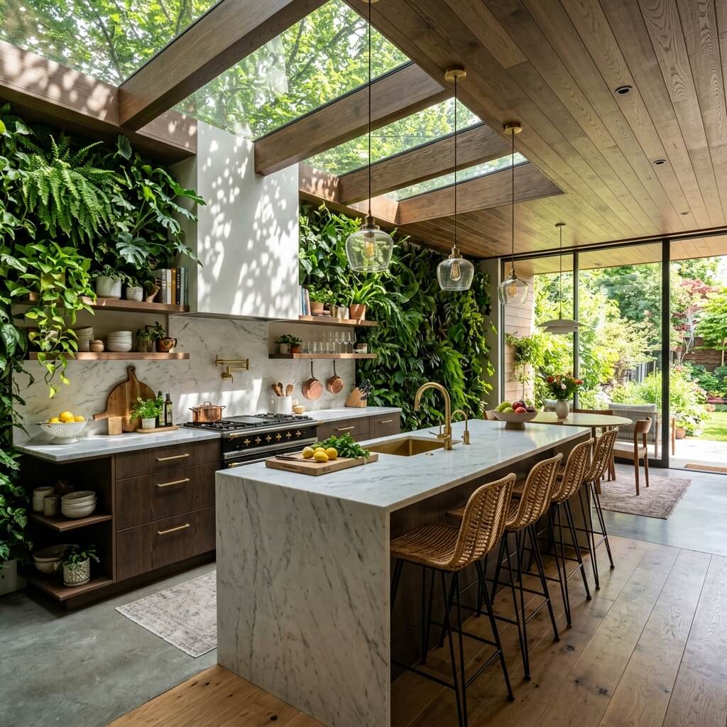 A modern kitchen integrated with nature, walls made of vertical gardens, skylights casting natural dappled shadows, marble countertops, brass accents.